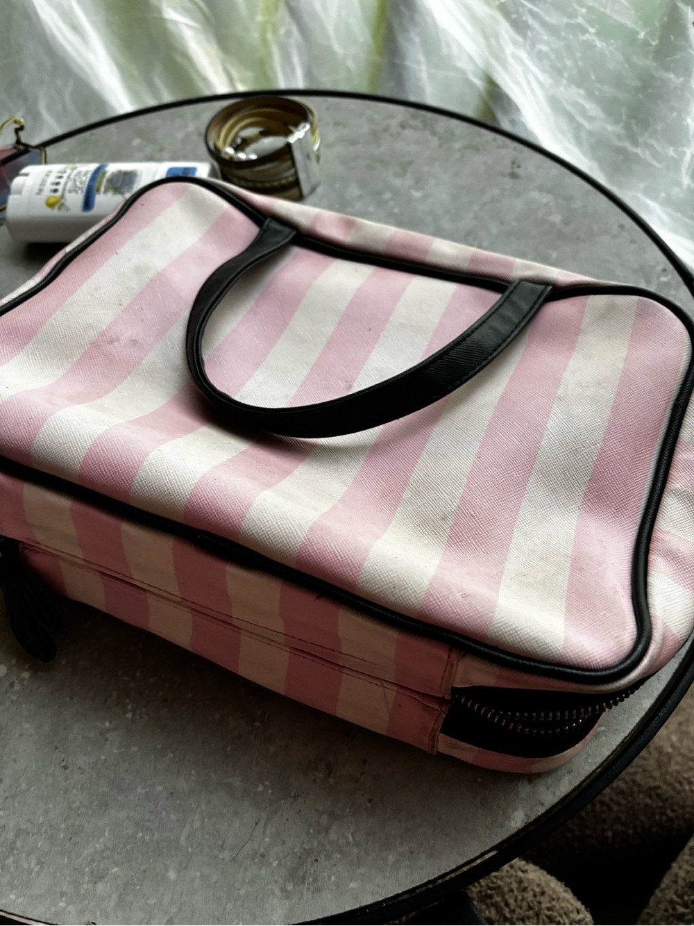 PINK Victoria's Secret Pink and White Striped Cosmetic Crossbody - Picture 2 of 4